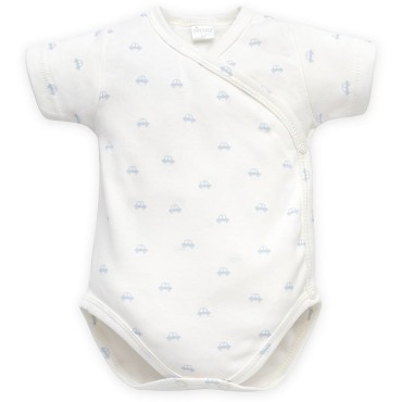 Krátké rukávové body s obálkovým výstřihem a zapínáním, bílé s potiskem aut – Lovely Day | Pinokio
