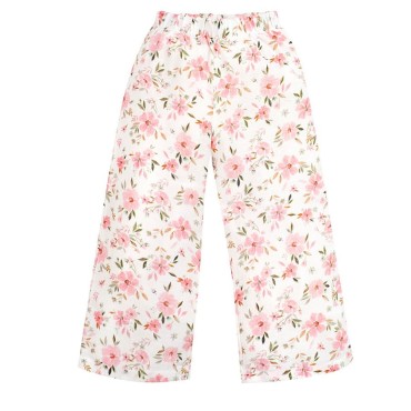 Mušelínové kalhoty pro dívky v barvě ecru s květinovým potiskem – Muslin Flowers | Pinokio