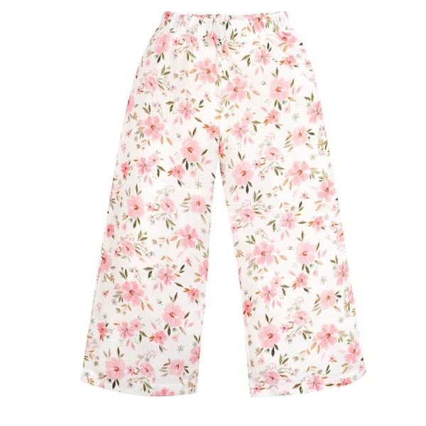 Mušelínové kalhoty pro dívky v barvě ecru s květinovým potiskem – Muslin Flowers | Pinokio