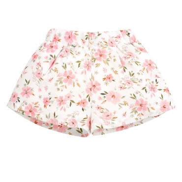 Mušelínové kraťasy pro holčičky v barvě ecru s květinovým potiskem - Muslin Flowers | Pinokio