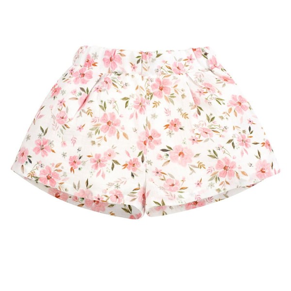 Mušelínové kraťasy pro holčičky v barvě ecru s květinovým potiskem - Muslin Flowers | Pinokio