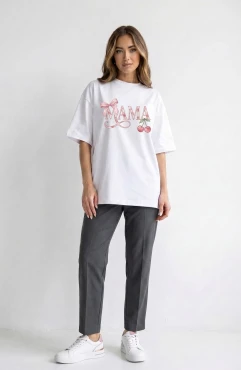 Oversize tričko Mama Cherry White – Dolce Sonno
