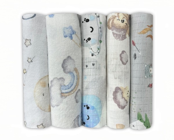 Premium Tetrové a Flanelové Látkové Pleny 5 ks - 70x80 cm 100% Bavlna Oeko-Tex | Sada 02 – Dolce Sonno